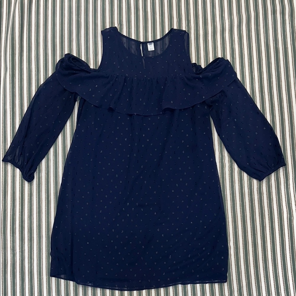 Old Navy Women’s Navy Cold Shoulder Flowy Dress with sheer long sleeves